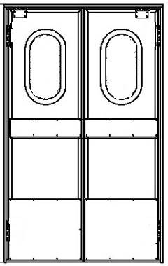 Маятниковая дверь двухстворчатая МДД(ОН)-1500.2300-40 (RAL шагрень), рама в обхват, окна, отбойники