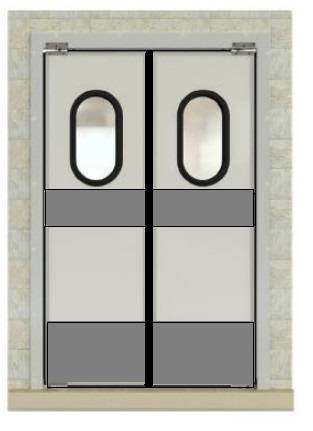 Маятниковая дверь двухстворчатая МДД(ОН)-1500.2200-40 (RAL шагрень), рама угловая, окна, отбойники