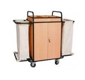 Тележка для горничных ТГ11.4 ОЛДАК 4 полки МДФ, верхняя с бортом, шкафик с замком, 2 мешка по 110л