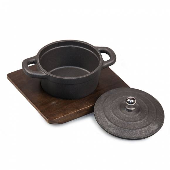 Кастрюля алюминиевая черная для подачи на деревянной подставке Proff Cuisine SG-69904